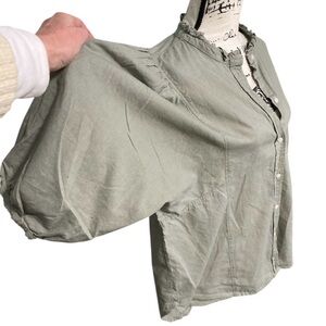 H&M Blouse Sage Green Linen Button Up Boxy Ruffled Collar 3/4 Puffy Sleeves XL